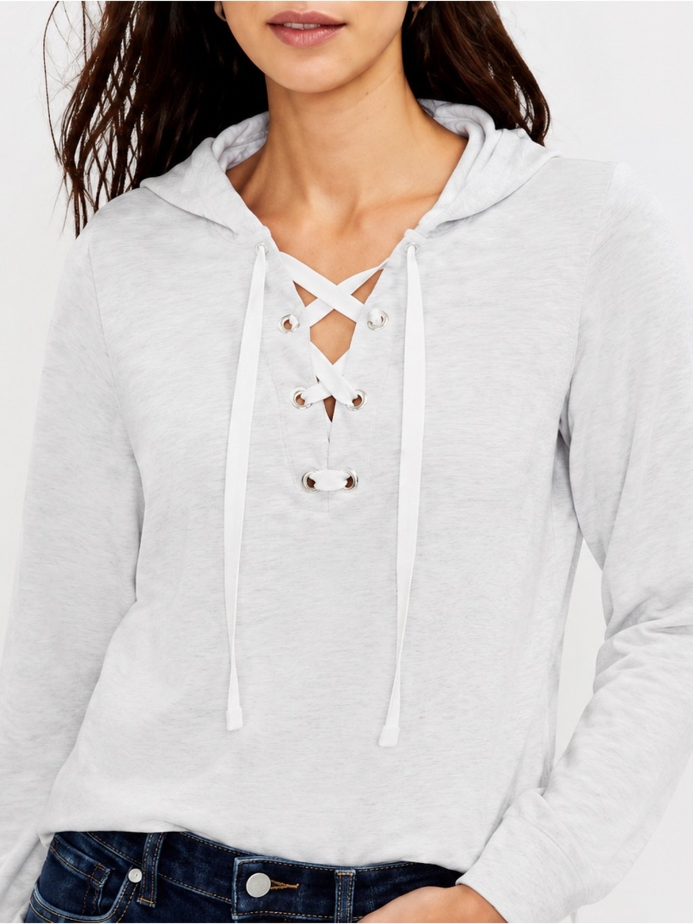 LOFT Light Grey Lace-Up Hooded Sweatshirt M